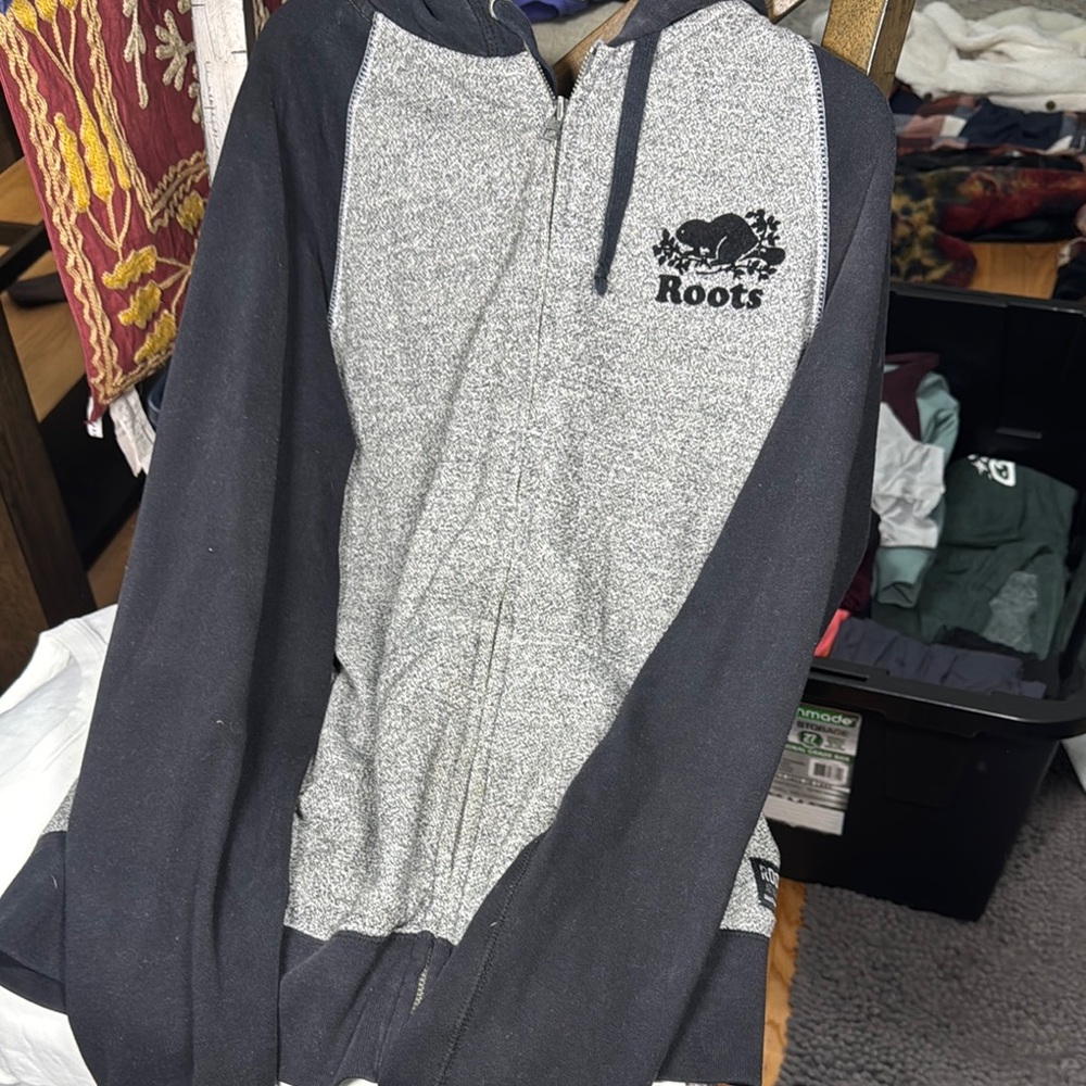 Roots Heather Gray and Black Zip-Up Hoodie